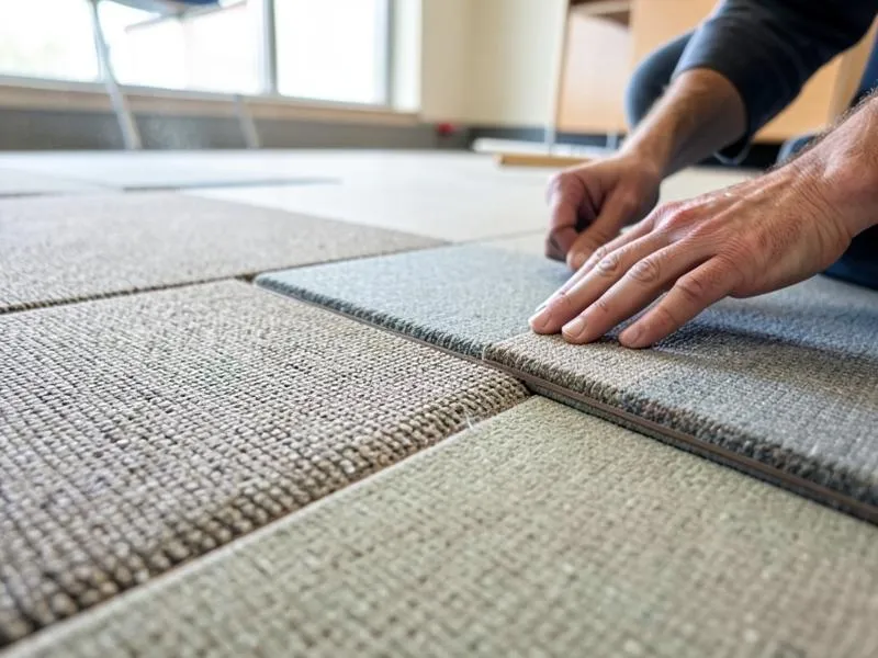 Classroom carpet tile detail showing quarter-turn modular tiles butted tightly at the seam during installation