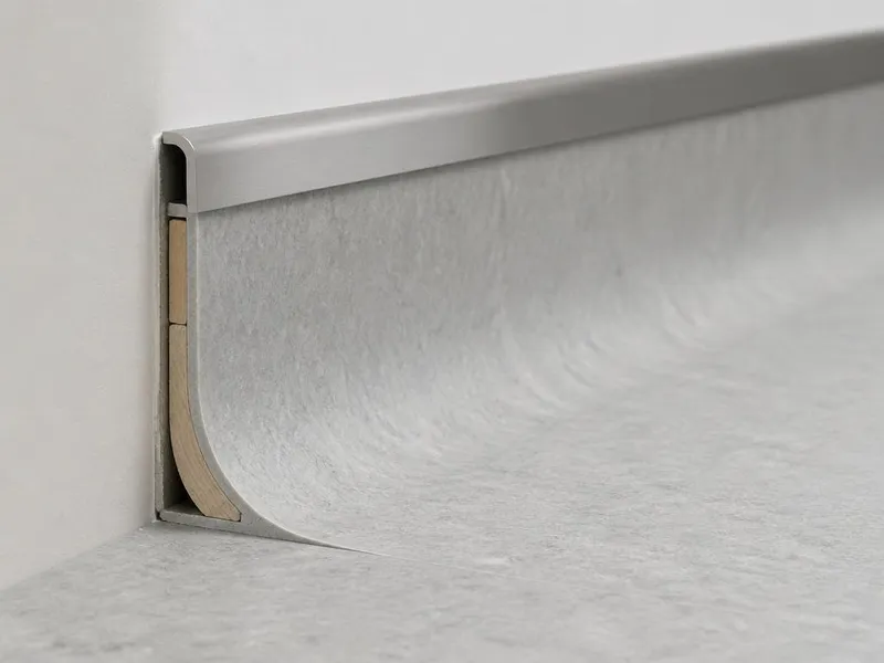 Integral flash cove base detail where sheet vinyl curves up the wall and terminates in a cap strip