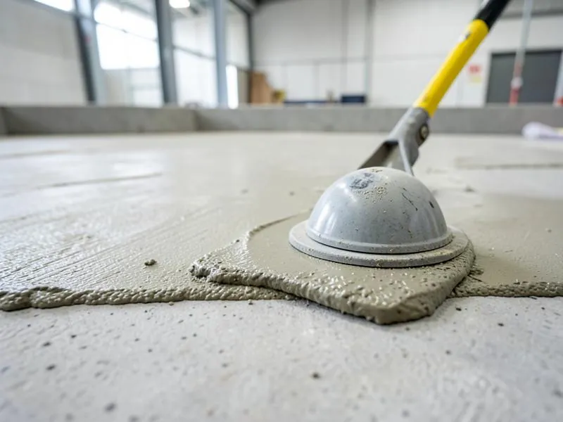 Concrete subfloor preparation detail with cementitious self-leveling underlayment and a relative humidity moisture test dome