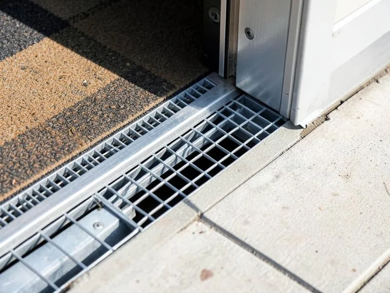 Recessed aluminum walk-off matting detail set flush with resilient flooring at a school entry doorway