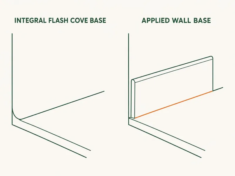 Technical diagram contrasting an integral flash cove base with a standard applied wall base