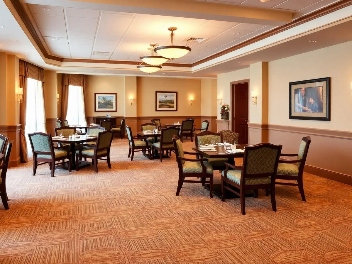 Hospitality-grade Bentley Mills broadloom carpet in a warm, beautifully appointed senior living dining room