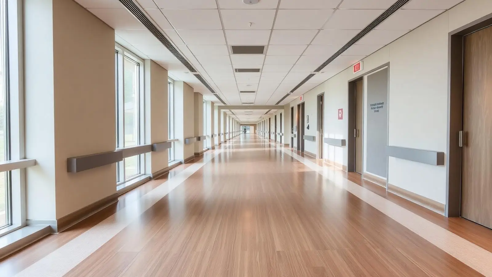 Healthcare facility corridor with newly installed flooring